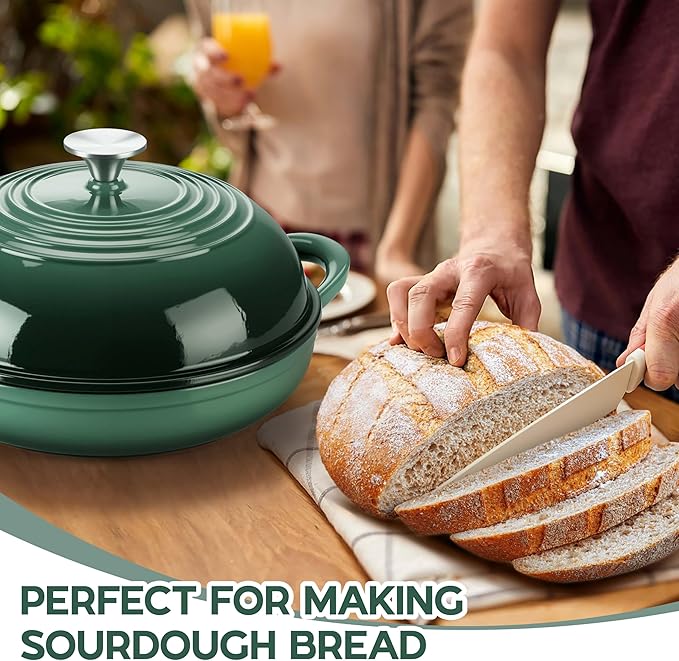 E-far Dutch Oven for Sourdough Bread Baking, 6 Qt Round Enameled Cast Iron Dutch Oven for Homemade Artisan Bread, Dome Lid & Shallow Base, Matte Black Interior & Durable, Oven-Safe to 500℉, Dark Green