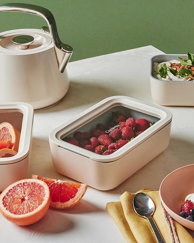 Caraway Glass Food Storage - 6.6 Cup Glass Container - Ceramic Coated Food Container - Non Stick Lunch Box Container with Lids - Dishwasher, Oven, & Microwave Safe - Cream