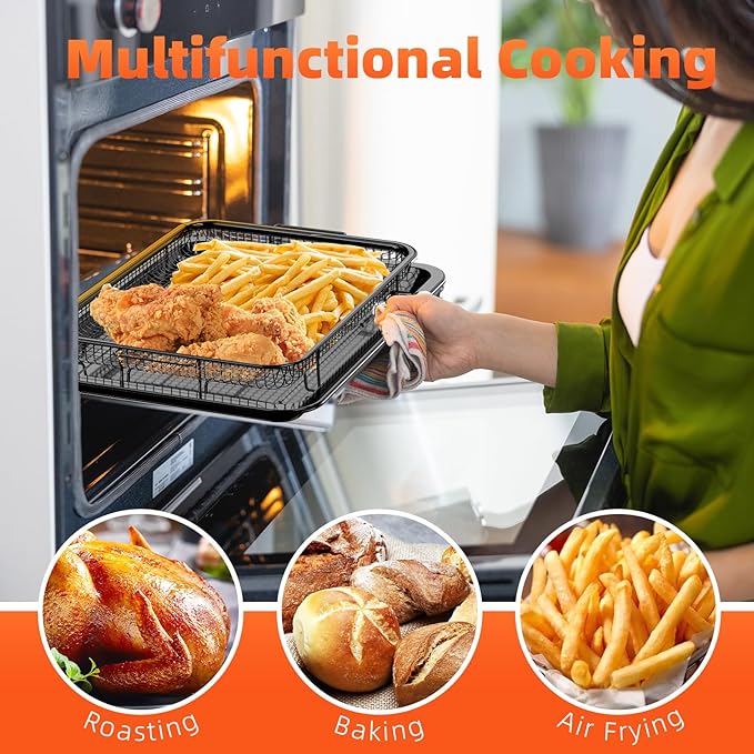 Air Fryer Basket, 2 Set Oven Air Fryer Basket and Tray with 60 PCS Parchment Papers, DEGOVIN Crisper Tray Non-stick Stainless Steel Air Fry Pans for Convection Oven(15.8" × 11" & 13" × 9.7"-Black)