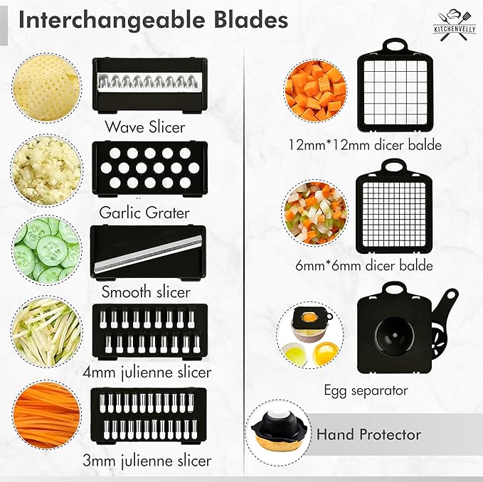 16-in-1 Vegetable Chopper and Slicer with 8 Blades – Veggie Cutter, Dicer, Food Chopper with Container & Lid – Multi-Purpose Kitchen Tool for Easy Meal Prep (Black)