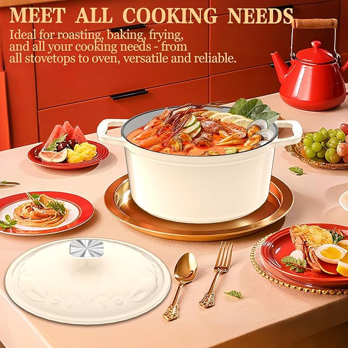 Enameled Cast Iron Dutch Oven - 5QT Dutch Oven Pot with Crab Lid & Oversized Knob & Ergonomic Handles - Heavy Duty Cookware for Braising, Stews, Roasting, Bread Baking - Cream White
