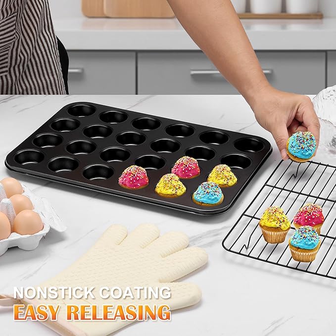 E-far Mini Muffin Pan 24-Cup - Nonstick Carbon Steel Cupcake Tin Tray for Little Bites & Freezer Prep | Warp-Free Bakeware Ensures Even Baking & Effortless Release, Regular Size & Oven Safe