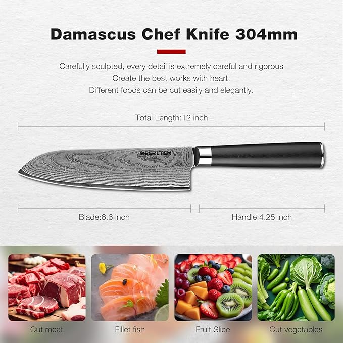 Japanese Damascus Santoku Chef Knife 7''（Mirror finish blade）, 67-Layer VG10 Damascus steel & Black G10 Handle for Cooking Kitchen (Gift Box)