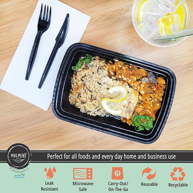 MULMEHË Plastic Food Storage Take-Out Container and Lid Combo, 24 oz, Microwaveable, Rectangular, Black, 7x5x2”, Set of 150