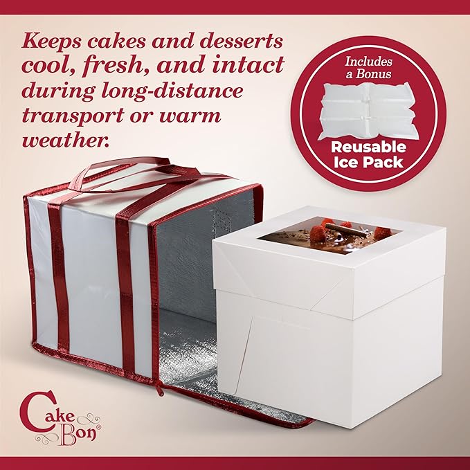 Cakebon Cake Box and Boards, 8-Inch Round Silver Smooth Edges 1/2- Inch Thick Drums with Insulated Bag and Ice Pack – Cake Transport Set, Cooler for Cake Delivery and Transport (1pc Each, 4pcs Total)