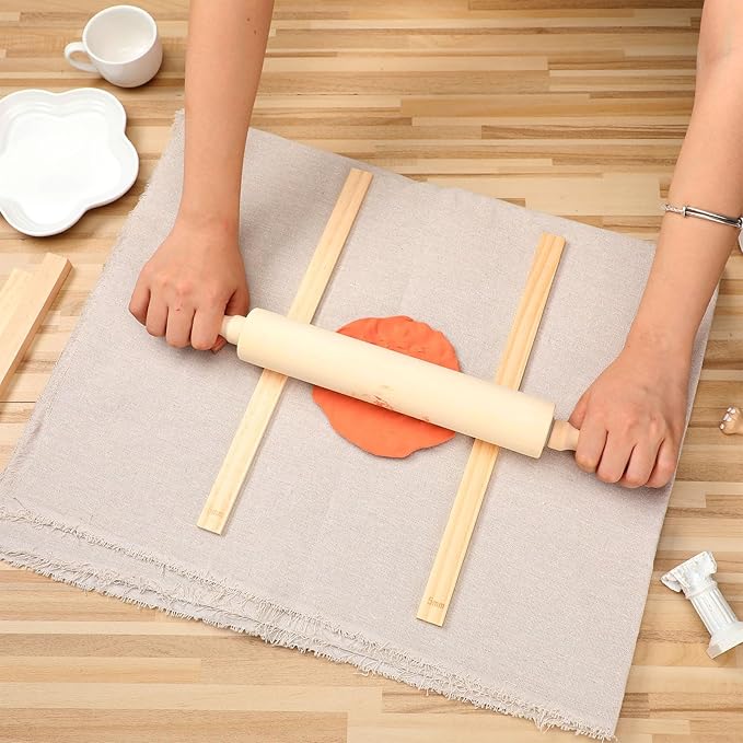 Newtay 12 Pcs Pottery Tools Include 1 Wood Rolling Pin Sculpting Polymer Clay Tools 1 Portable Pottery Wedging Board/Linen Tablecloth and 10 Pcs 5 Size Teaching Rolling Mud Stick Guide (Tablecloth)