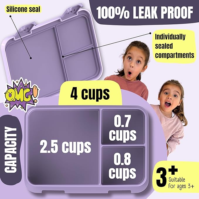BEARFOOT Kids Lunch Box with Compartments – Compact & Lightweight | Leak-Proof, BPA-Free, Dishwasher & Microwave Safe | Hand-Drawn Design for Preschool, School, Travel (Sticker Purple, 4 Cups)