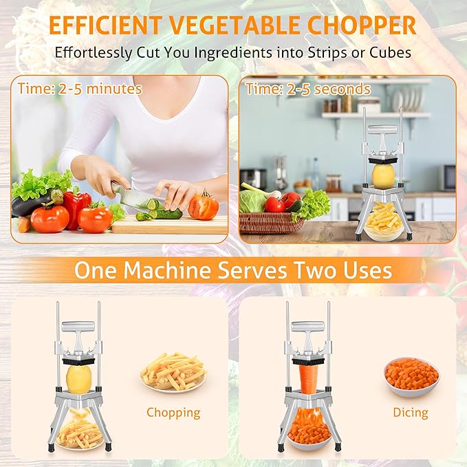 WICHEMI Commercial Chopper Vegetable Cutter Fruit Dicer Commercial Onion Chopper Professional Food Dicer Heavy Duty Stainless Steel Cutter for French Fry Tomato Potato Peppers Mushrooms (3/8")