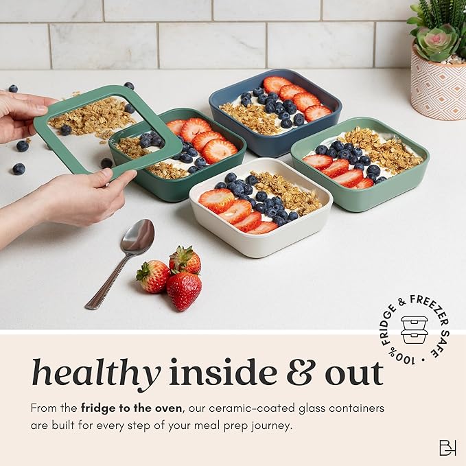 Ceramic Coated Glass Food Storage Container | No PTFE, PFOA, PFAS, and BPA | Reusable Non Toxic Meal Prep Container with Glass Lid | Easy To Store | 8 Cup Square [Smoke]