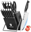BRODARK Kitchen Knife Set with Block and Sharpener, 15 Pcs Sharp Knives Set for Kitchen, Christmas, Stainless Steel Full Tang Knife Block Set, Ergonomic Handle Professional Chef Kitchen Knives Sets