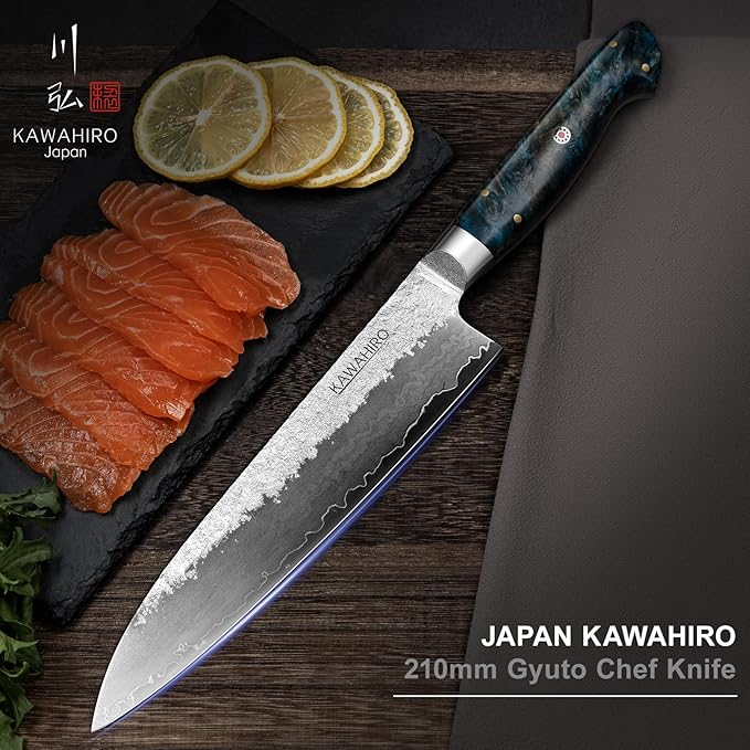 KAWAHIRO Japanese Chef Knife with SG2 Powder Steel, 8.27 inch Professional Gyuto Knife, Hand Forged Kitchen Knife with Premium Stabilized Wood Handle and Wood Gift Box