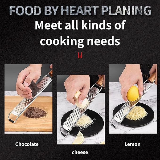 Lemon Zester & Cheese Grater Combo - Stainless Steel Grater for Parmesan, Wood Handle, Garlic, Ginger, Chocolate & Fruits - Perfect for Baking, Cooking & Garnishing