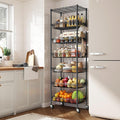 7 Tier Wire Shelving Unit with Wheels 72" H Adjustable Basket Shelf Storage Shelves with Hooks for Kitchen Bathroom Garage Closet Laundry Room Organization 72" H x 24" W x 14" D, Black