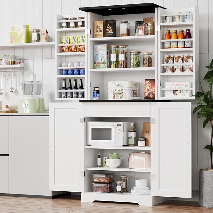 Vongrasig Kitchen Pantry Storage Cabinet with Barn Doors, Drawer and Adjustable Shelves, 6-Tier Tall Rustic Wood Cupboard Locker for Kitchen, Dining Room, Living Room, Bathroom, (White)