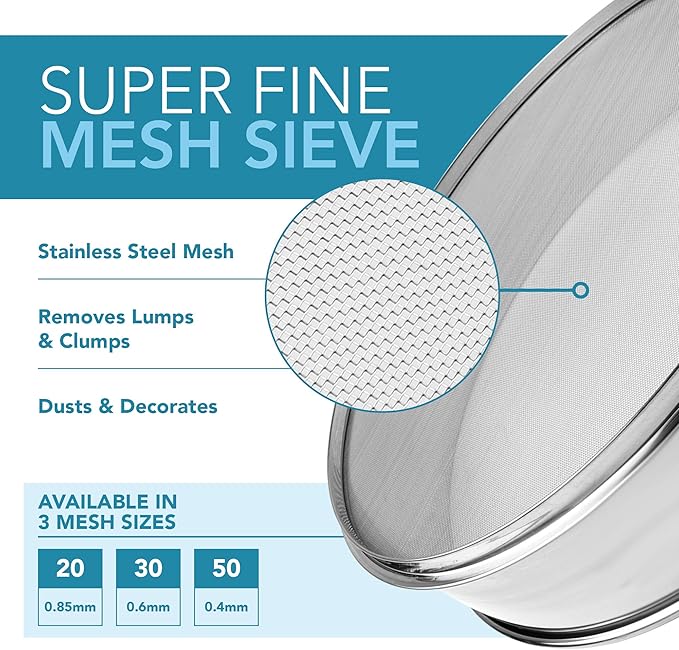 Stainless Steel Flour Sifter Fine Mesh Round Flour Sieve for Baking 8" Diameter x 2.5" High; 50 Mesh (Hole Size 0.3mm)