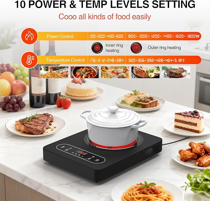 Electric Cooktop 1800W: Single Burner Portable Electric Stove 110V with LED Touch Screen 10 Power Levels, Hot Plate with Child Safety Lock, Timer and Overheat protection, Compatible with All Cookware