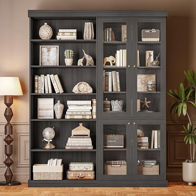 70.8" Tall Farmhouse Bookshelf with Glass Doors, Modular Bookcase with 6-Tier Adjustable Shelves, Large Storage Cabinet for Kitchen, Living Room, Black, Set of 2