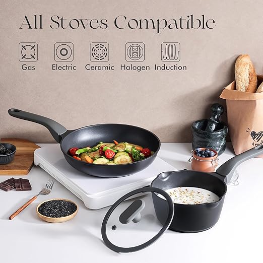 PRICUSIS Nonstick Frying Pan, 8/10/12 Inch Skillet with Stay Cool Handle, Fully Coated, Induction Compatible & Oven Safe, 100% Dishwasher Safe, PTFE & PFOA Free（8 Inch, Black Sesame）