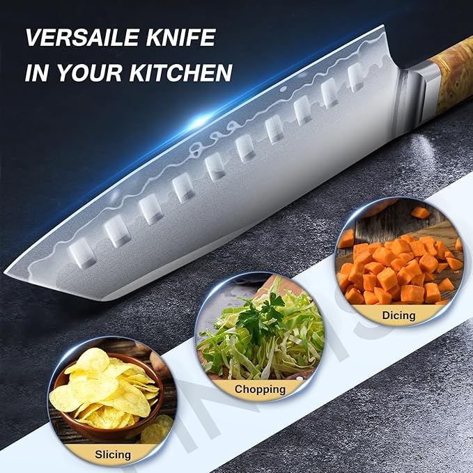FINTISO Santoku Knife 7 inch Kitchen Knife S35VN Powder Steel Core for Meats Vegetables, 7-Layers Clad Steel Japanese Chef Knife Super Sharp Chopping Knife with Celestial Resin & Wood Handle Best Gift