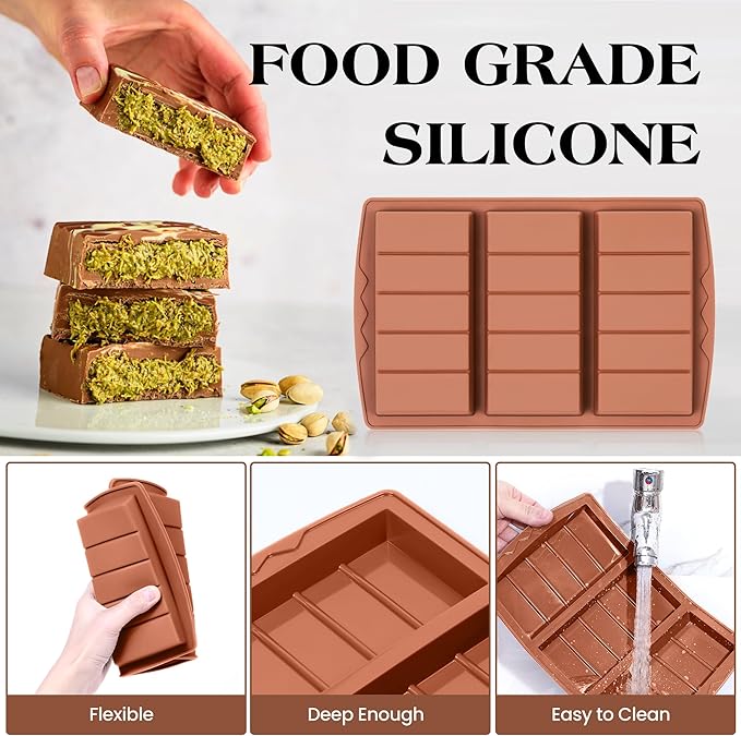 2 Pcs Chocolate Bar Mold Deep Dubai 0.85 Inch Stuffed Chocolate Molds Silicone Large Break Apart Silicone Molds (10 Snap + 5 Snap）