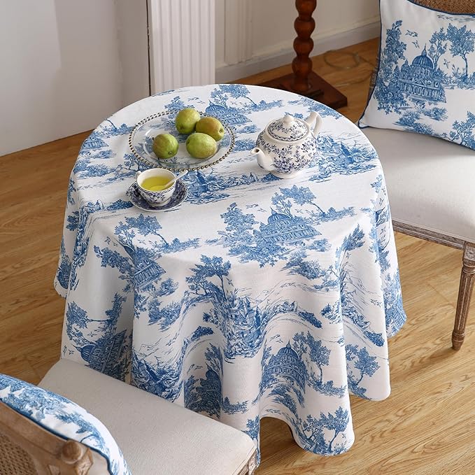 patdrea Designer Cyan Tablecloth for Round Table,Vintage Linen Ancient Castle and Manor Pattern Tablecloths,Table Cover Decor for Kitchen Dining Christmas,Thanksgiving,Diameter 67"-Lucerne a