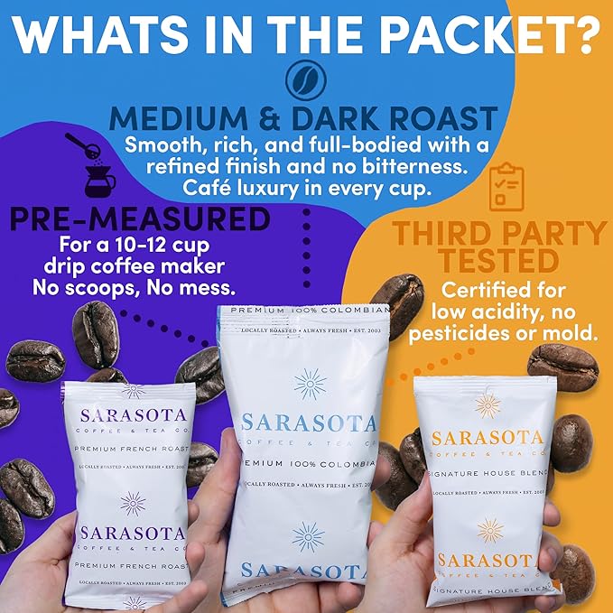 Sarasota Coffee Ground Packets | Gift Set Assorted Variety Sampler Packs | Medium, Colombian, & Dark Roast | Gourmet Low Acid Mold Free Individual Pouches for 12 Cup Coffee Maker | 2 Oz Bags, 12 Count