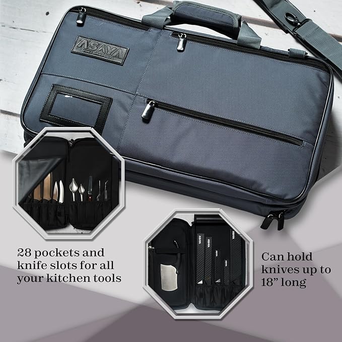Asaya Chef Knife Bag - 28 Pockets for Knives and Kitchen Utensils - Durable Ballistic Nylon, Black Stainless Steel Hardware, Card Holder and Adjustable Shoulder Strap - Knifes not Included