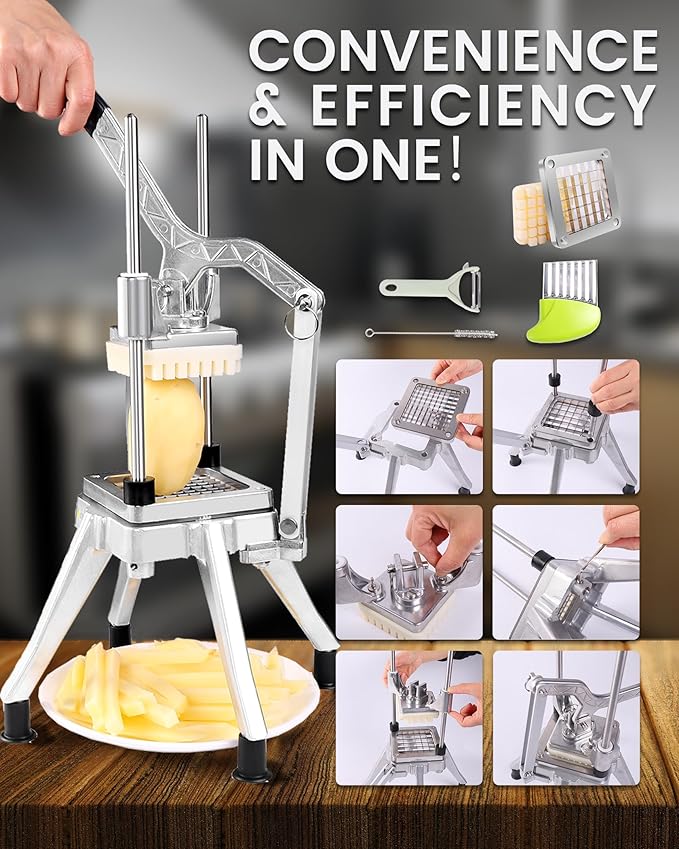 French Fry Cutter Commercial Potato Chopper Stainless Steel Vegetable Dicer Fruit Slicer for Onion,Cabbage,Carrots,Potato,Mushroom,with 4 Blades(1/4",3/8",1/2",8 wedge slice)