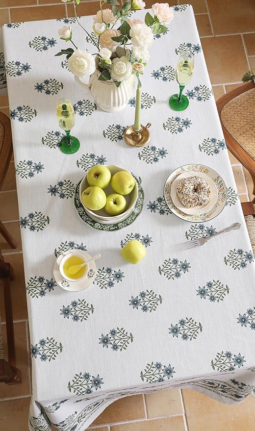 ISAENNE Designer White Linen Long Tablecloth Rectangle,Chinoiserie Floral Elegant Indoor Table Cloth,Fall Stain Proof Decor Tablecloths for Dining Thanksgiving Kitchen,63"*102"-Mosella F