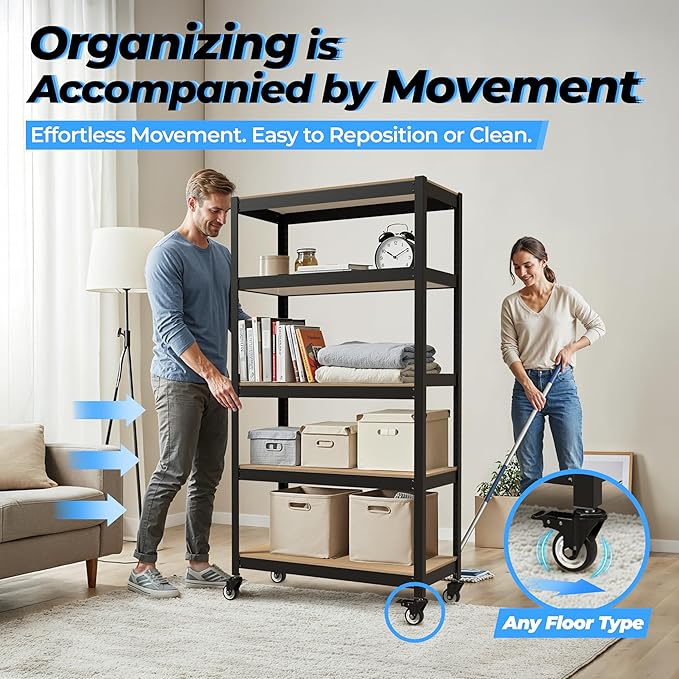 HOMEDANT House 5-Tier Metal Rolling Cart Shelf Rack Casters Heavy Duty Laminated Wheel Shelving Unit Adjustable Utility Storage Shelves Organizer Shelf Kitchen Garage 36.2" W x 16.5" D x 69.5" H 3Pack