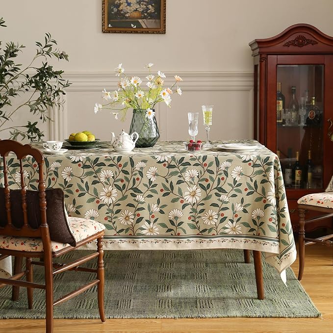 ISAENNE Designer Green Linen Small Square Table Cloth,Floral French Country Indoor Tablecloth,Stain Resistant Home Decor Tablecloths for Dining Kitchen Thanksgiving Christmas Party,55"*55"-Brune