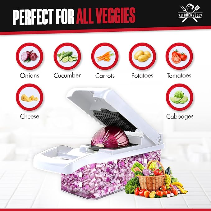 26-in-1 Vegetable Chopper with 8 Blades, Veggie Slicer & Dicer, Food Chopper with Container & Lid, Onion Chopper, Salad Chopper, Multi-Purpose Kitchen Tool for Easy Meal Prep (Black & White)