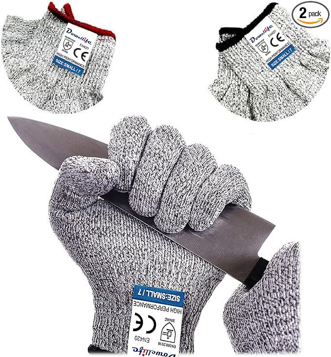 Dowellife Cut Resistant Gloves Food Grade Level 5 Protection, Safety Kitchen Cuts Gloves for Oyster Shucking, Fish Fillet Processing, Mandolin Slicing, Meat Cutting and Wood Carving. (Small-2 Pairs)