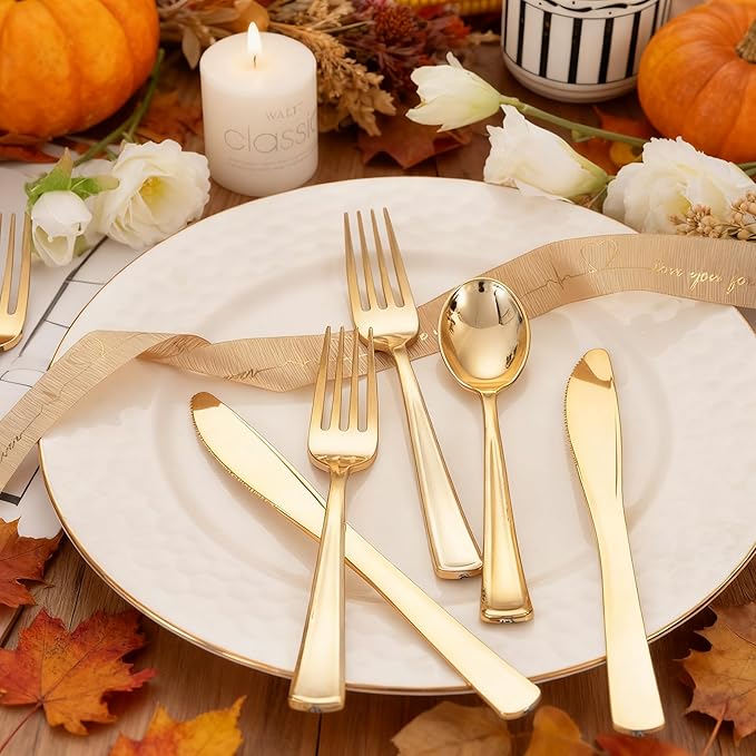 WDF 500PCS Gold Plastic Silverware Set Disposable - Gold Cutlery Set Plastic - 250Forks, 125 Spoons, 125 Knives for Thanksgiving Party, Birthday, Wedding