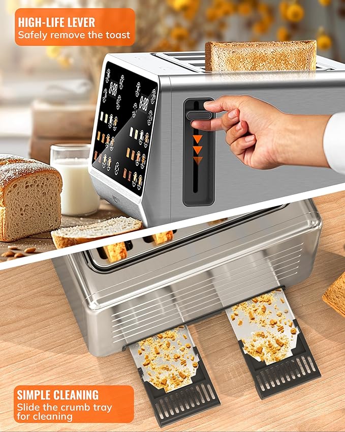 Toaster 4 Slice with TouchScreen, Memory Function & Single-Slot Focus, Keenstone 1800W Smart Digital Toaster for Ultimate Control, Wide Slot to Reheat & Defrost Bagels, Bread, Waffles, Stainless Steel