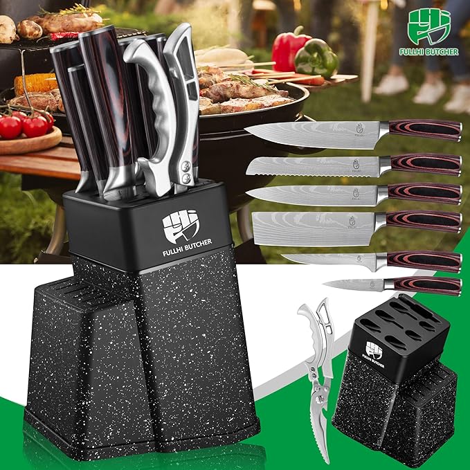 FULLHI 8pcs block Knife Set,chef's Knves Set with Block and Sharpener, Kitchen Knife Set,Multi-colour Handle, Gifts for Men Women