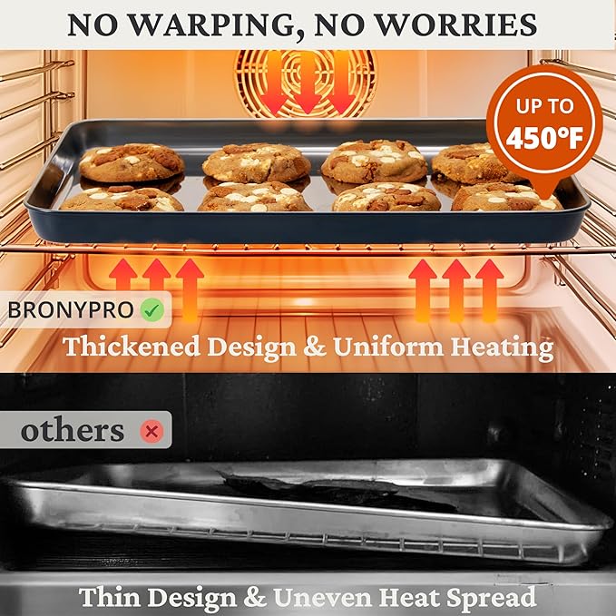 BRONYPRO Stainless Steel Baking Sheet Pan Set of 3, Cookie Sheets 9/12/16 In, Non-Toxic Uncoated Interior (PFOA & PTFE Free), Solid Warp-Resistant Cooking Trays for Oven & Toaster, Navy Exterior