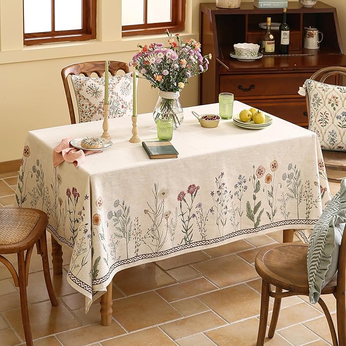 ISAENNE Designer Off White Linen Extra Long Rectangle Tablecloth,Floral Elegant Table Cloth,Stain Resistant Vintage Decor Tablecloths for Dining Thanksgiving Kitchen Party,63"*110"-Serenity G