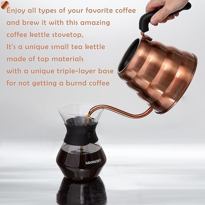 Mixpresso Gooseneck Pour Over Coffee Kettle - Barista Pour Control Design for Tea, 1.2 Liter (40 Oz) High-Grade Stainless Steel Drip Induction Cooker, Copper Stovetop Kettle