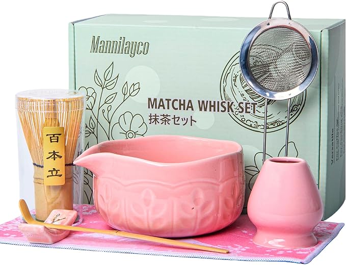 Matcha Whisk Bowl Set, 7PCS All-in-One Japanese Tea Set Includes Matcha Bowl with Spout, Bamboo Whisk (Chasen) with Stand, Scoop, Sifter, Complete Kit for Ceremony, Gift for Matcha Tea Lovers（Pink)