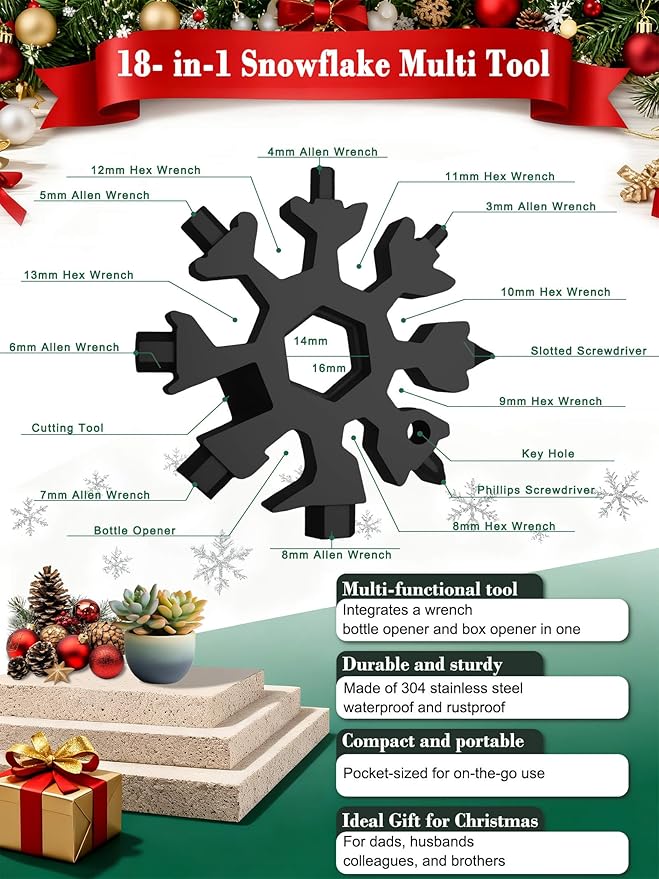 18-in-1 Snowflake Multi Tool – Stainless Steel with Bottle Opener & Wrench,Compact EDC Tool for Camping,Fishing,Hiking, Stocking Stuffers,Gifts for Men,Dad,Husband (Silver + Black)