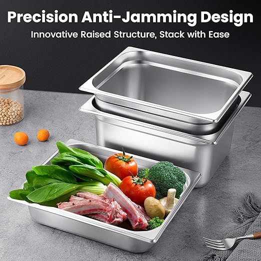 1/2 Hotel Pans 4 Inch Deep Stainless Steel Food Pan - Anti-Jam 6 Pack Steam Table Pan Set for Catering, Buffet Use, Kitchen Prep