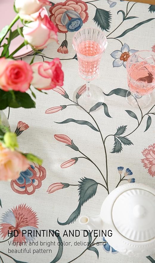 ISAENNE Designer Chinoiserie Linen Floral Small Square Tablecloth,White Wrinkle Resistant Table Cloth,Elegant Decor Tablecloths for Dining Thanksgiving Kitchen Party Christmas,55"*55"-Daffy