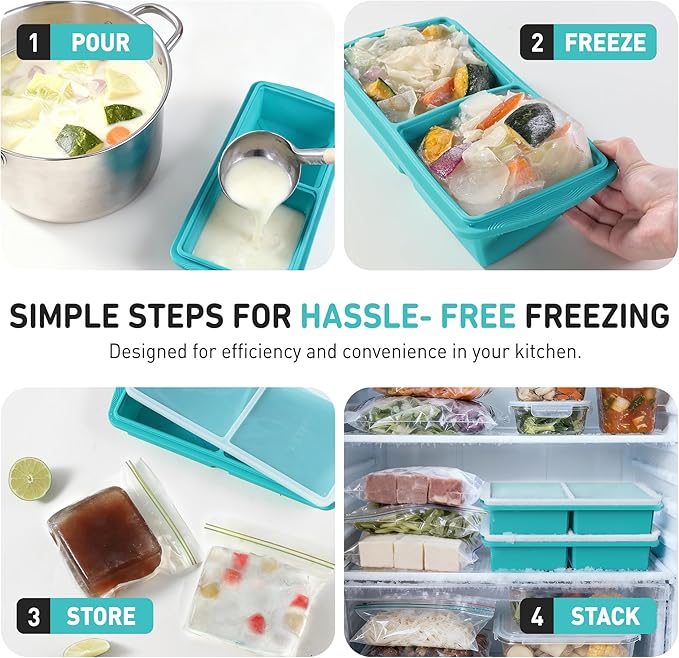 Silicone Freezer Tray with Lid Soup Freezer Container Molds with Steel Reinforced Rim Ice Cube Freezer Molds for Soup, Sauce, Leftovers, Homemade Meal Prep Containers Portion Control Food Storage