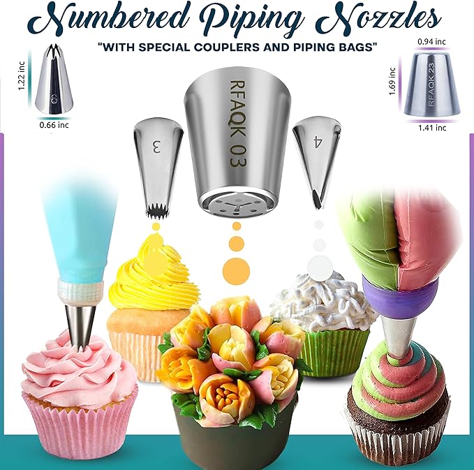 RFAQK 230PCs Cake Decorating Supplies Kit, Cake Decorating Set with Cake Turntable, Piping Bags and Tips, Modeling Tools, Cookie Plunger Cutters, Icing Smoother & Other Accessories for Cake Decoration