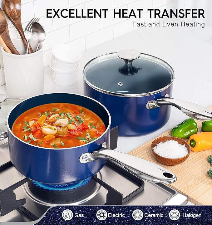 MICHELANGELO Sauce Pan Sets, Ceramic Saucepans with Lids, 1Qt & 2Qt & 3Qt Sauce Pans with Lid, Nonstick Saucepan Set, Small Pot with Stainless Steel Handle, Oven Safe, Blue