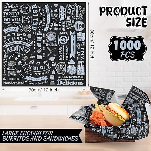 Outus 1000 Pcs 12 x 12 Inch Deli Wax Paper Sheets Grease Resistant Tray Basket Liners Newsprint Paper Water and Grease Proof Sandwich Wrapping Square Hot Dog Wrappers for Food Baking (Black)