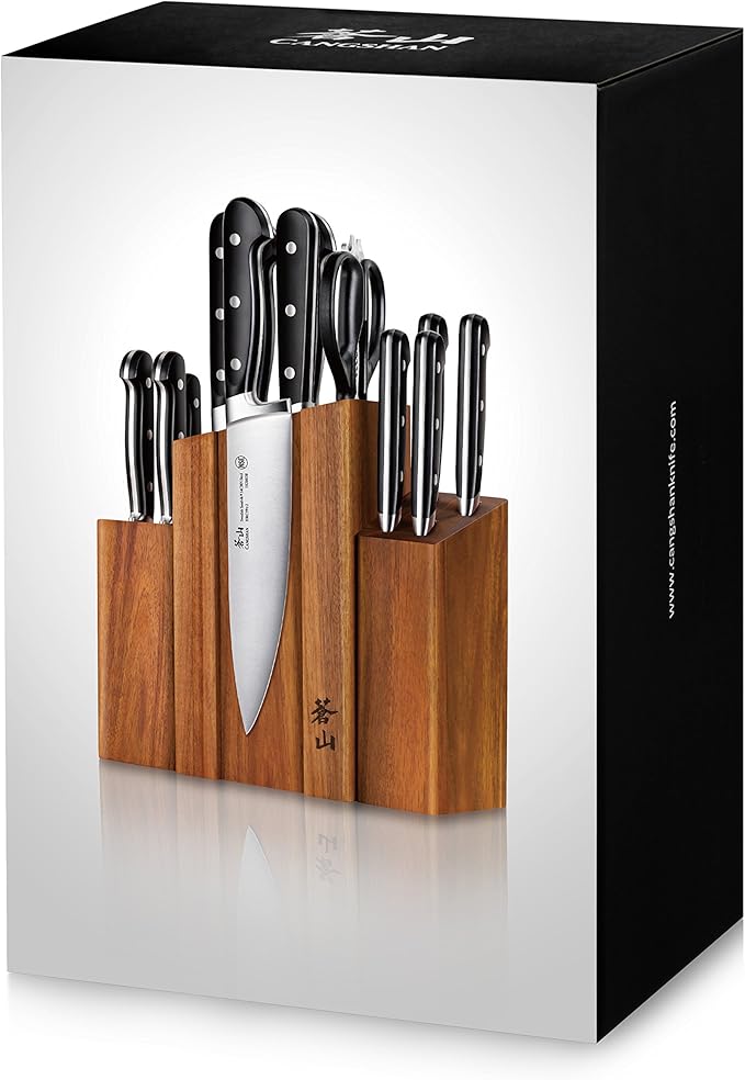 Cangshan TV2 Series 1023046 Swedish 14C28N Steel Forged 14-Piece DENALI Magnetic Knife Block Set, Acacia