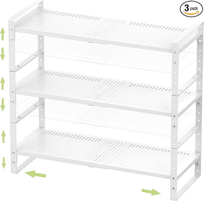 Expandable Stackable Aadjustable Shoe Rack Pantry Shelf for Kitchen Cabinets Counter Shelves Countertop Cupboard Storage Solution,Sturdy Heavy-Duty Metal Construction(3Packs/White/Medium)