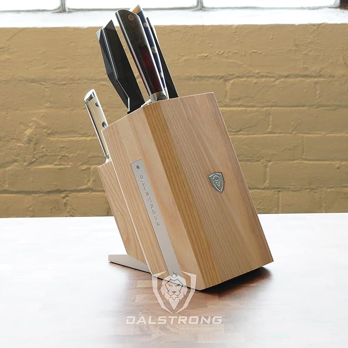 DALSTRONG Universal Knife Block - 18 Slots - Premium American Ash Wood - Aluminum Alloy Rim Kitchen Set - Lion Head Logo Badge - Premium Craftsmanship Knife Set - Angled For Ergonomics - Cleans Easily